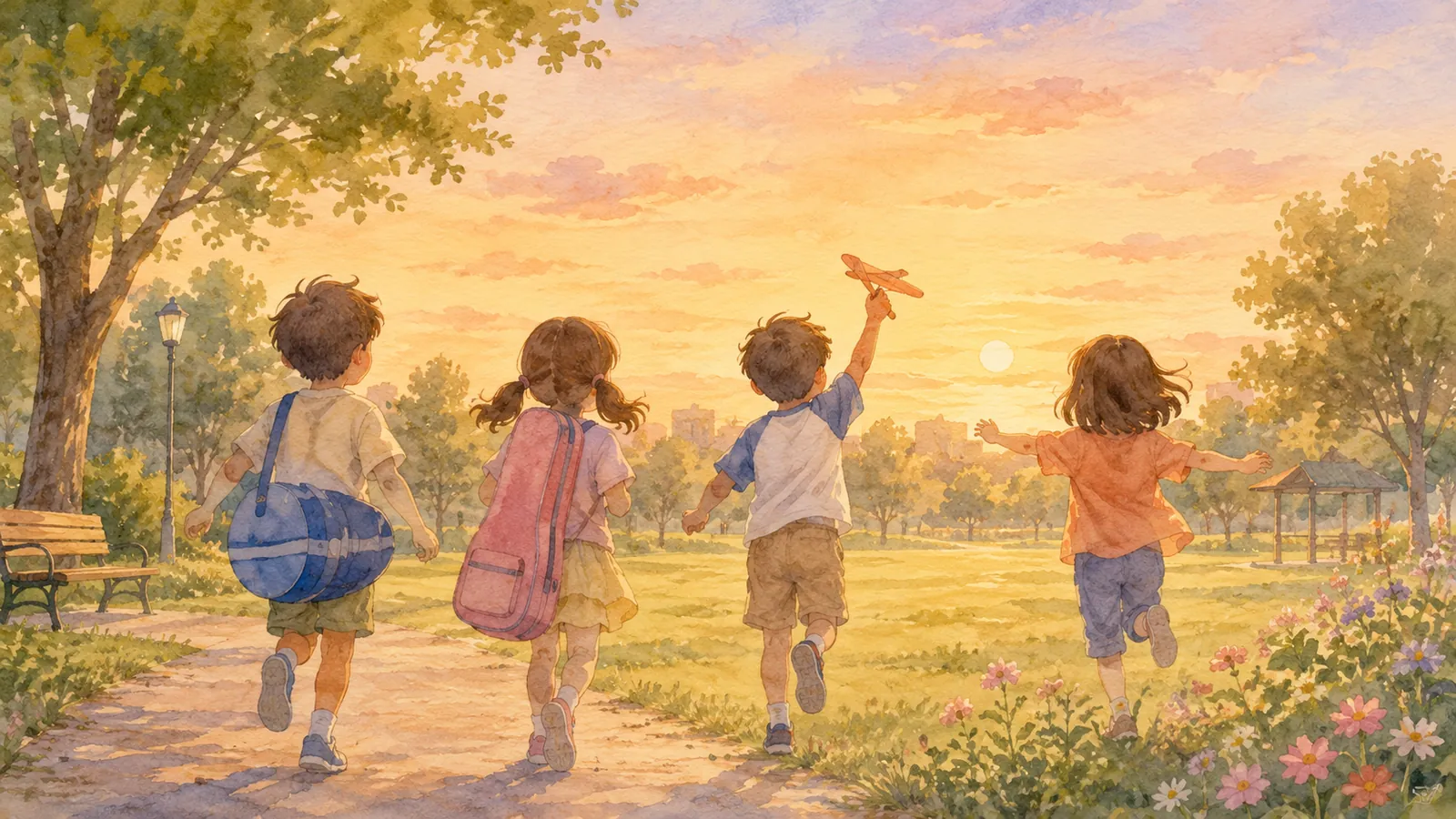 夕方の公園で、習い事バッグを持った子どもたちと、手ぶらで遊ぶ子どもが一緒に遊んでいるイラスト