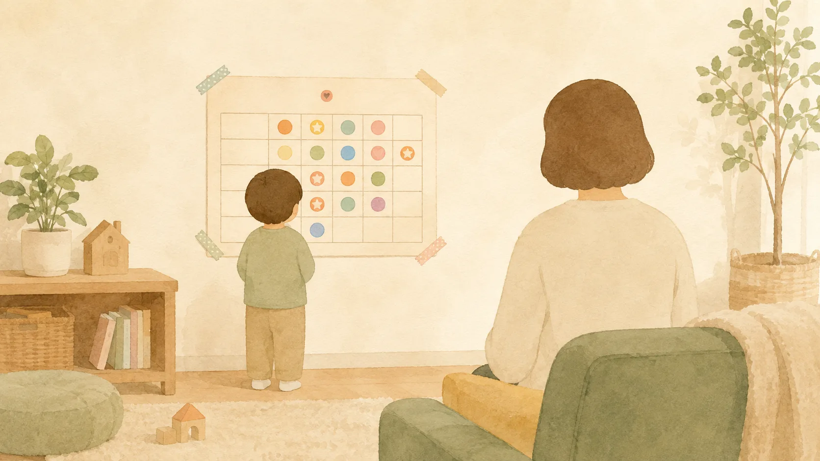 リビングの壁に貼ったシール表の前で、シールを1枚貼る子どもとそばで見守る親のイラスト