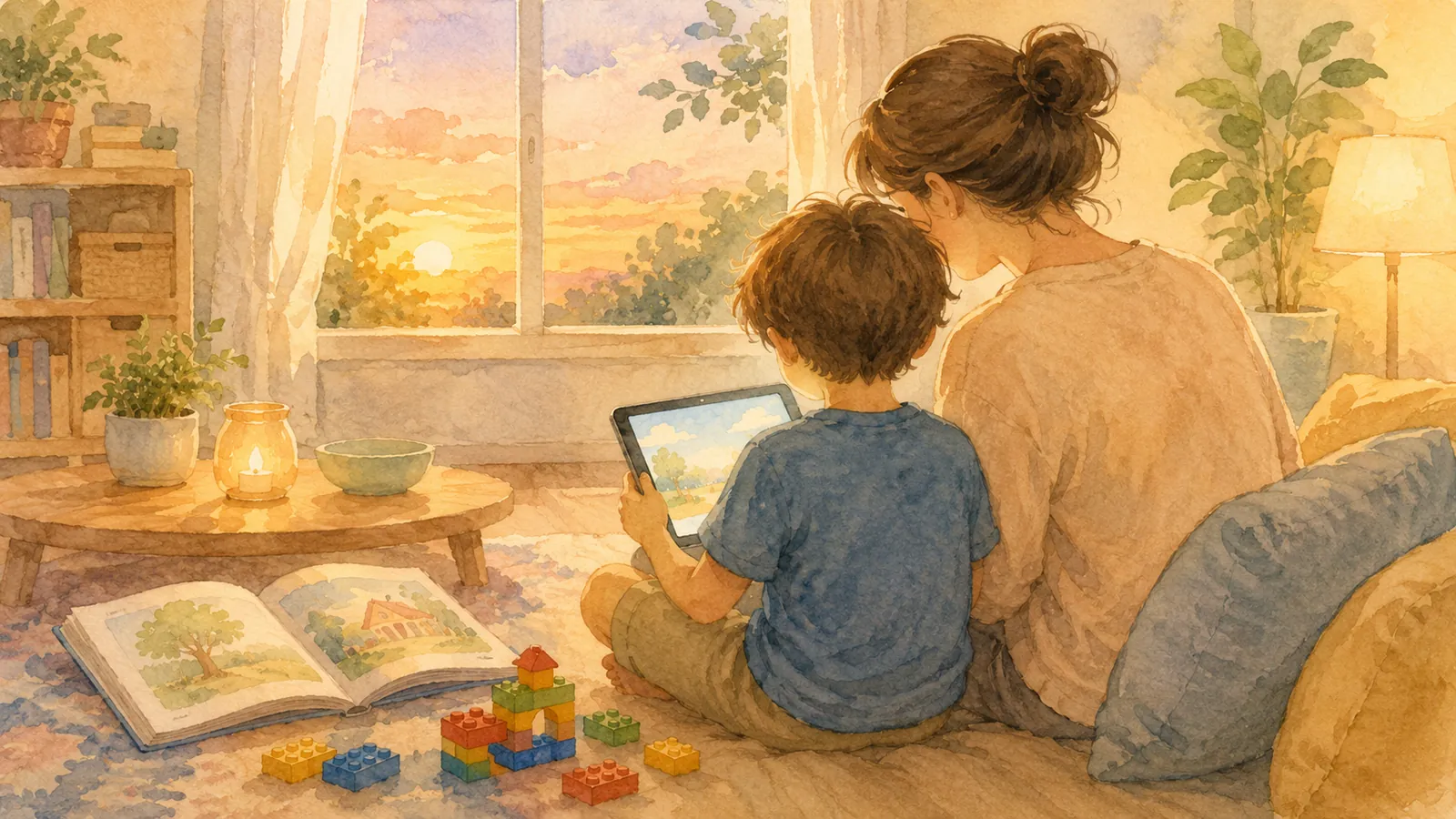 夏の夕方のリビングで、子どもがタブレットを見る隣に親が座って一緒に画面をのぞいているイラスト